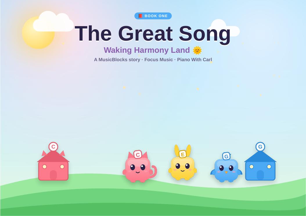 Preview of the MusicBlocks Great Song storybook, showing Cleo the pink cat by her little house at Middle C.
