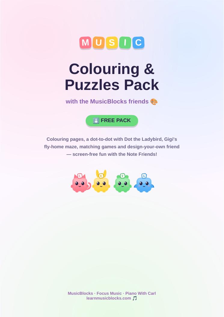 Preview of the MusicBlocks colouring and puzzles pack — kawaii character line art ready to colour.