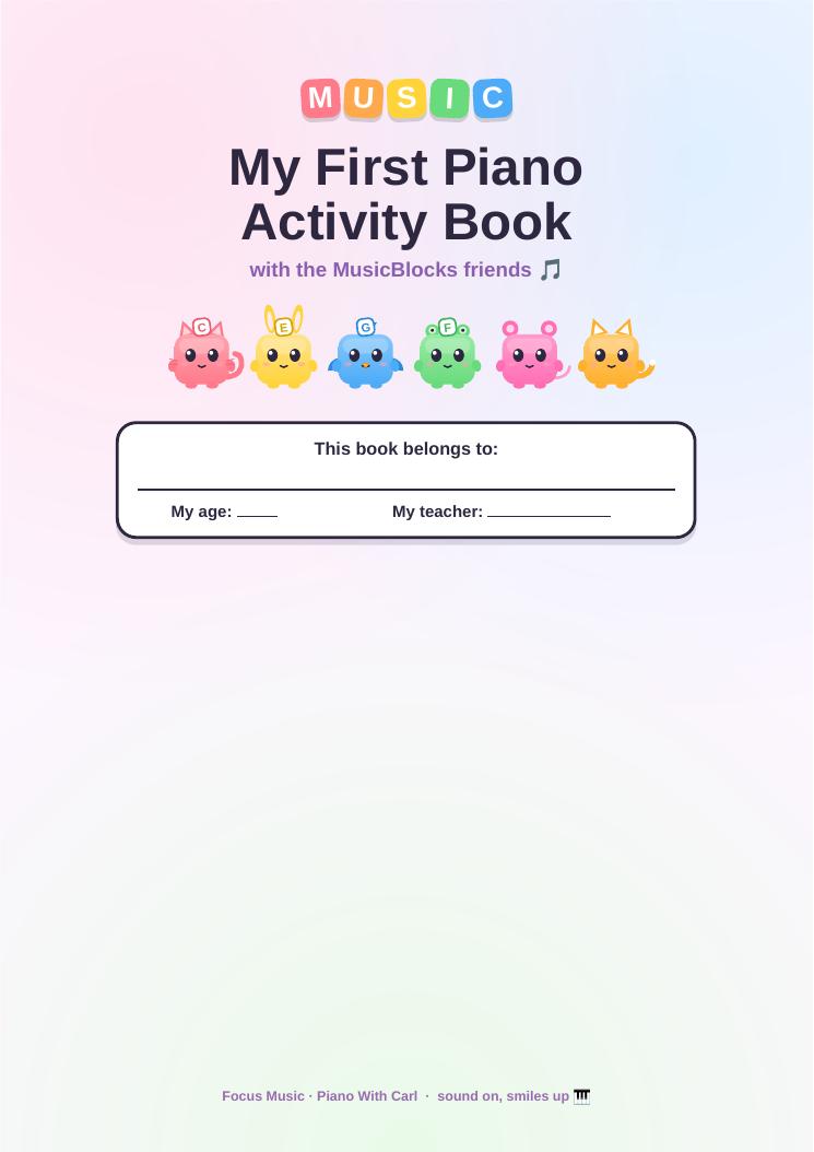 Preview of the MusicBlocks piano activity pack — colour-in keyboard sheets and character matching pages.